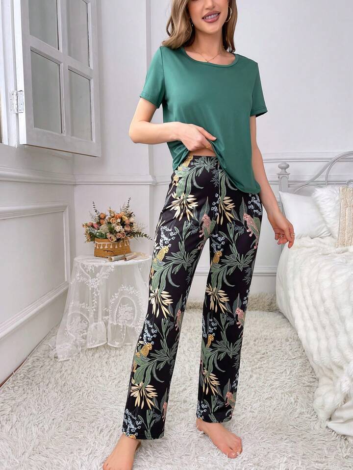 Plain Green Floral Pj Set