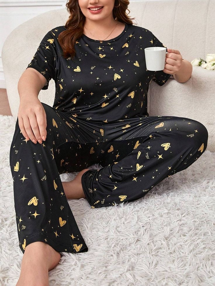 Black Heart & Star Printed PJ Set