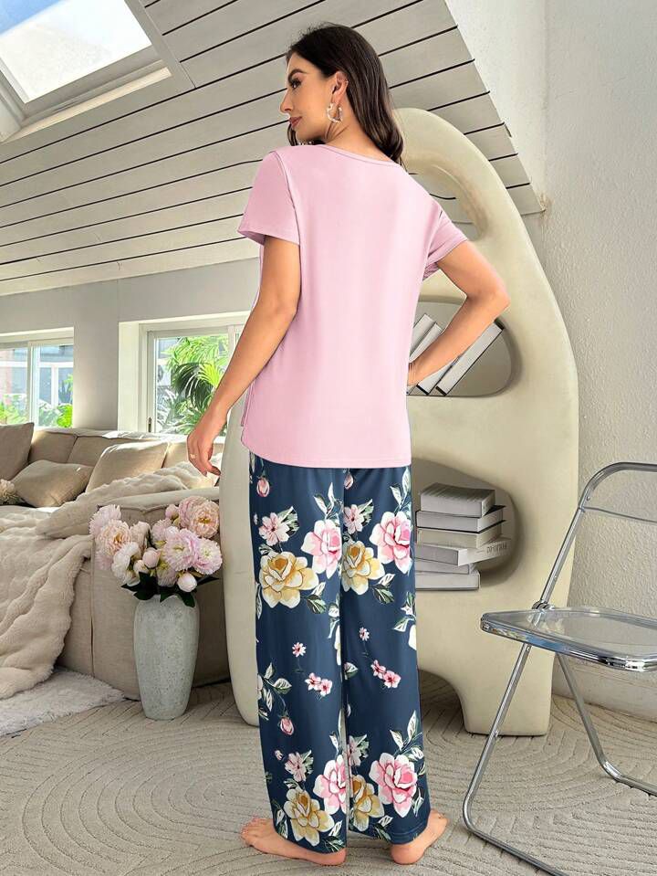 Color Block Floral Print Printed PJ Set