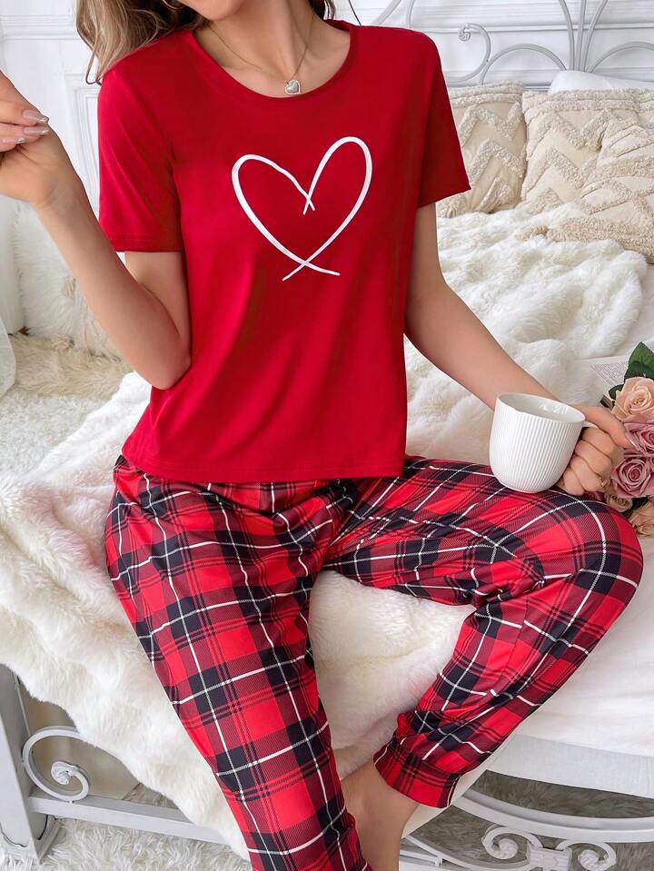 Red Check Heart Printed Pj Set