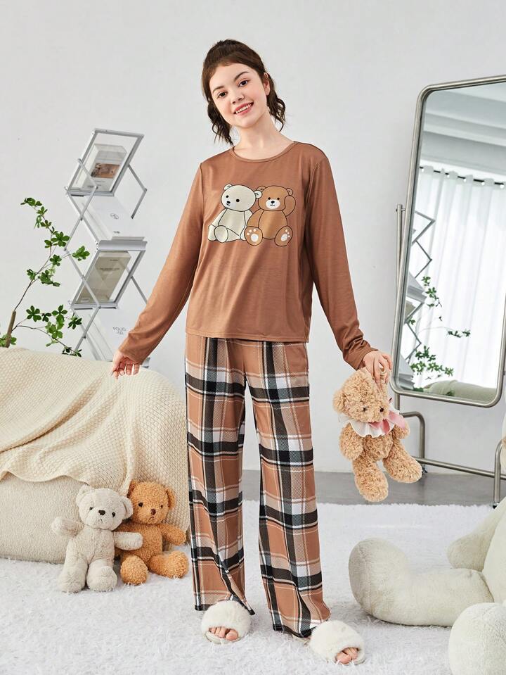 Brown Teddy Bear Printed Pj Set