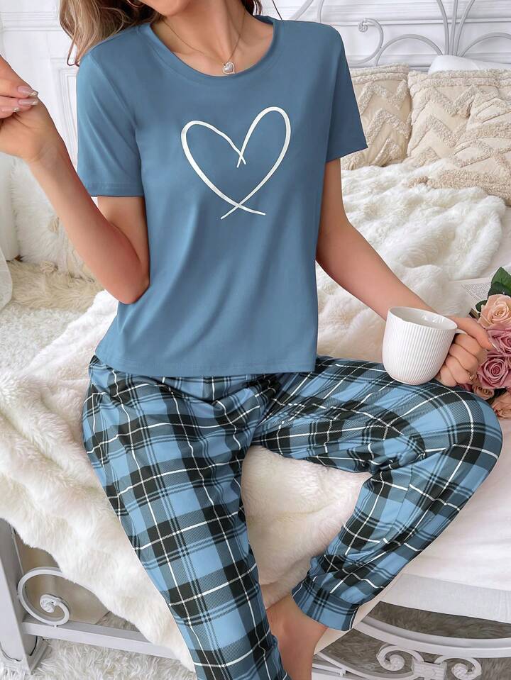 Blue Check Heart Printed Pj Set