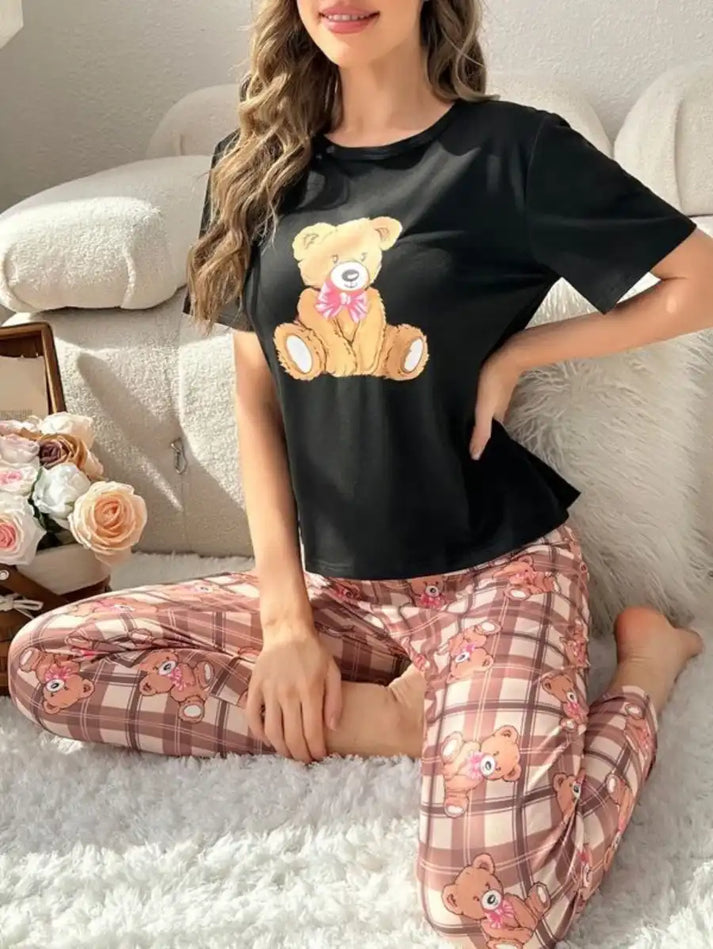 Graphic Tee And Plaid Printed  PJ Set