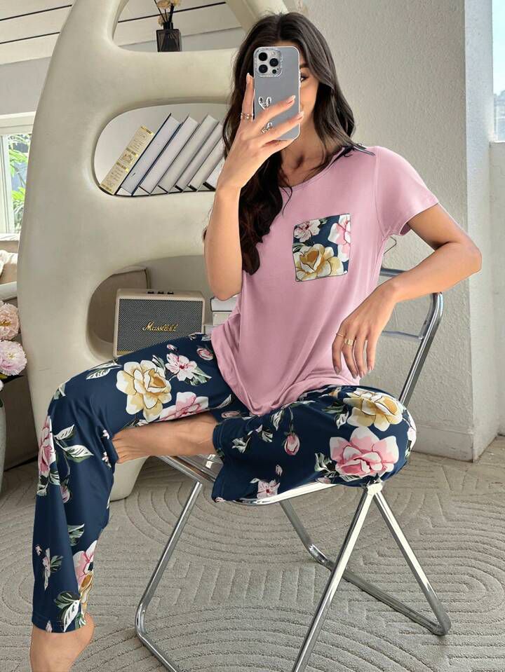 Color Block Floral Print Printed PJ Set