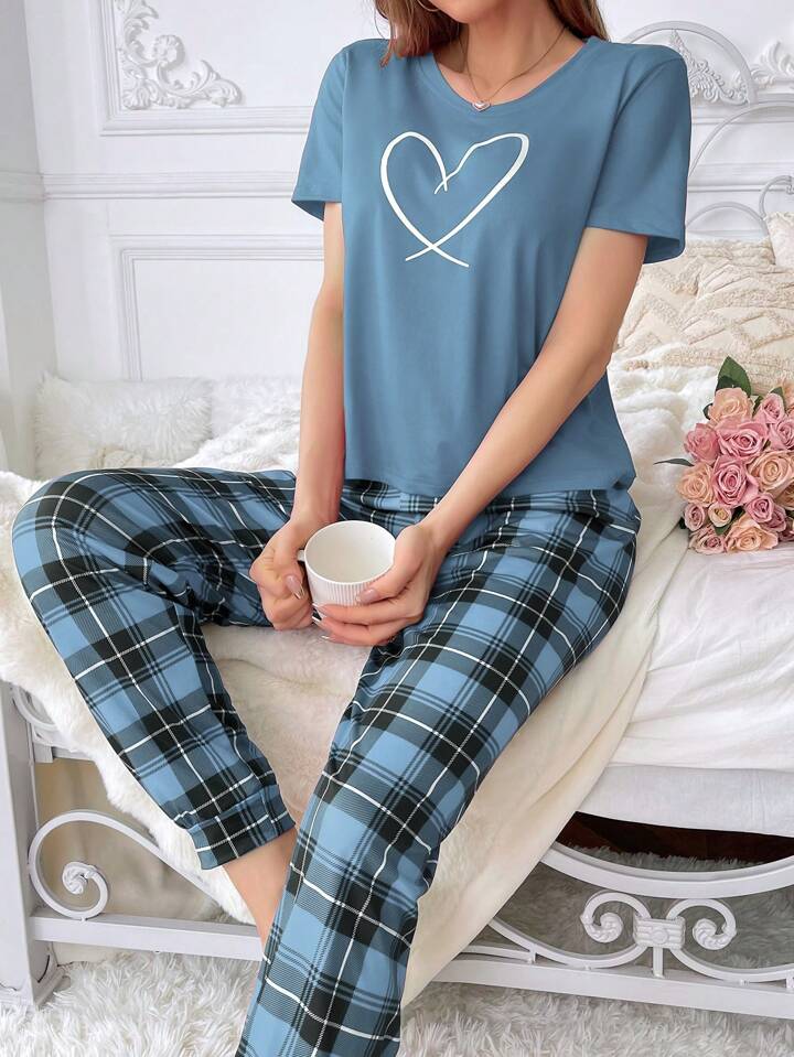 Blue Check Heart Printed Pj Set