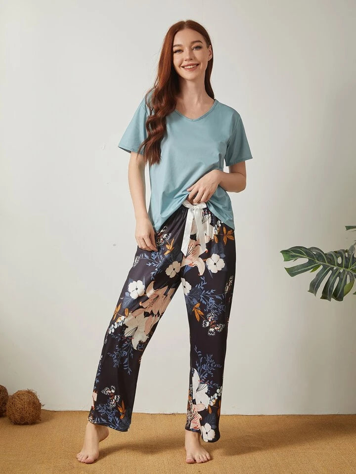 Navy Blue Floral Printed PJ Set