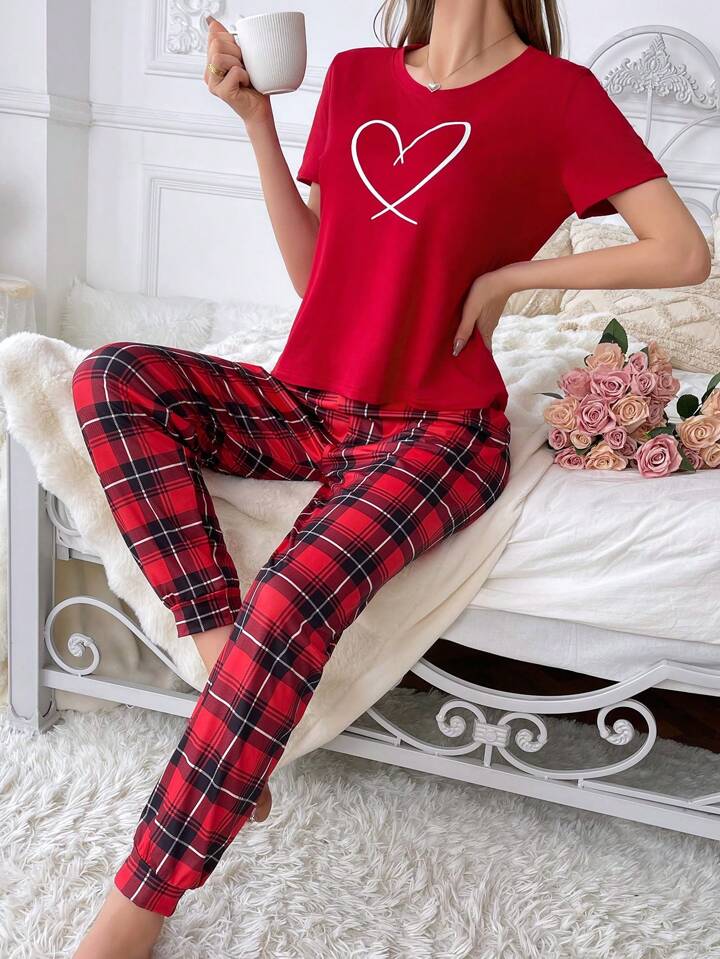 Red Check Heart Printed Pj Set