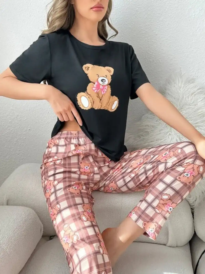 Graphic Tee And Plaid Printed  PJ Set