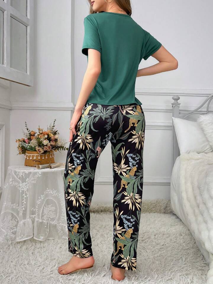 Plain Green Floral Pj Set