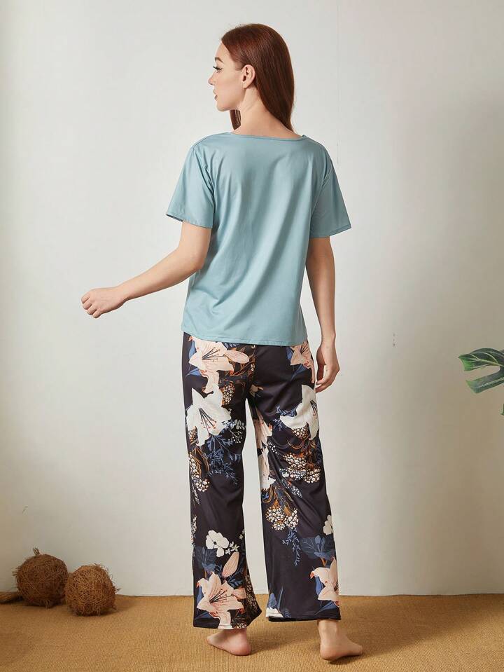 Navy Blue Floral Printed PJ Set