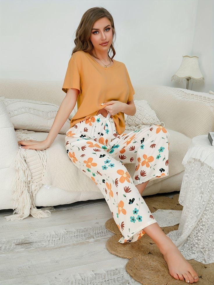 Brown Floral Print Printed PJ Set