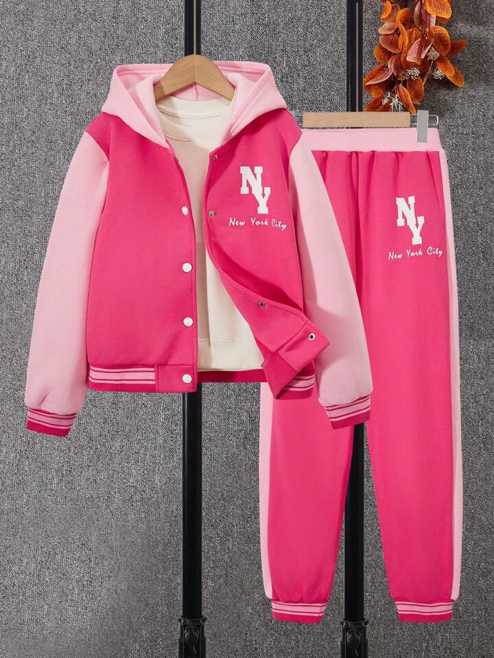 Tween Girl Letter Graphic Hooded Jacket & Trousers