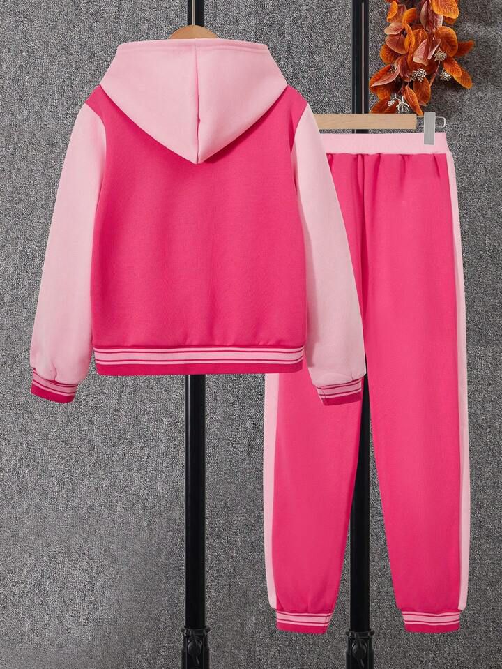 Tween Girl Letter Graphic Hooded Jacket & Trousers