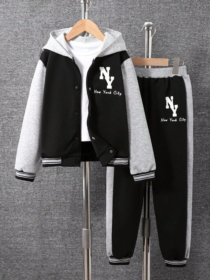 Tween Girl Letter Graphic Hooded Jacket & Trousers