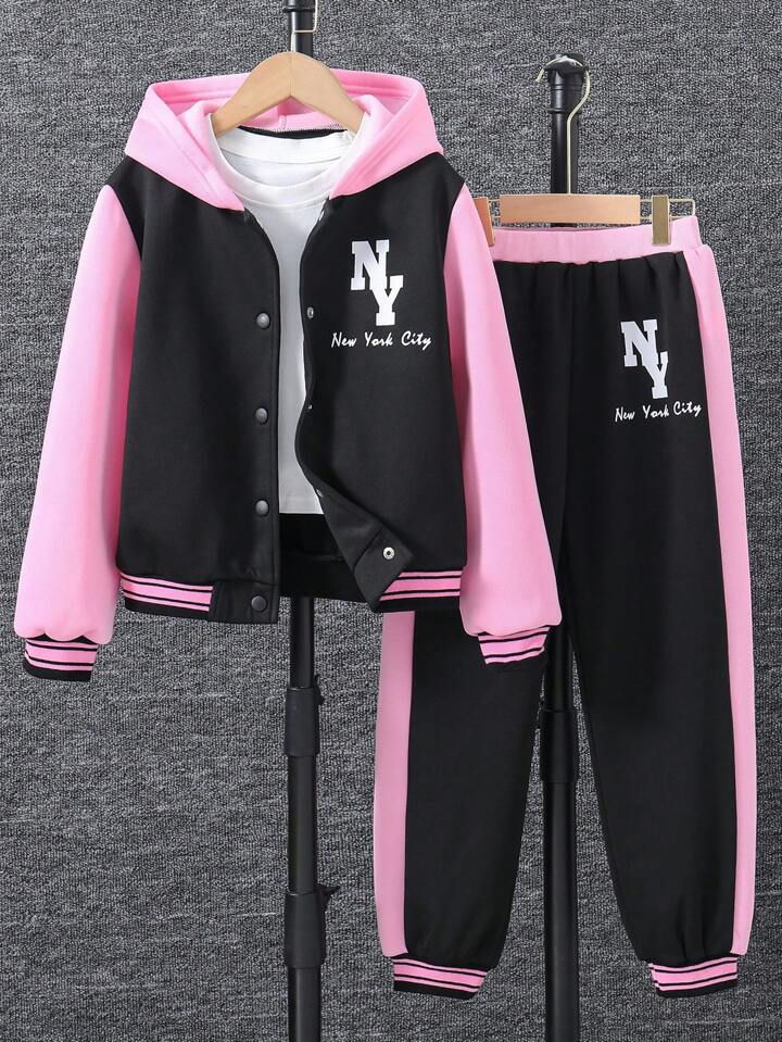 Tween Girl Letter Graphic Hooded Jacket & Trousers