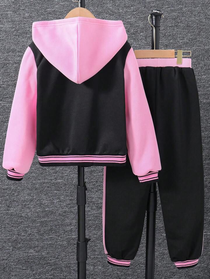 Tween Girl Letter Graphic Hooded Jacket & Trousers