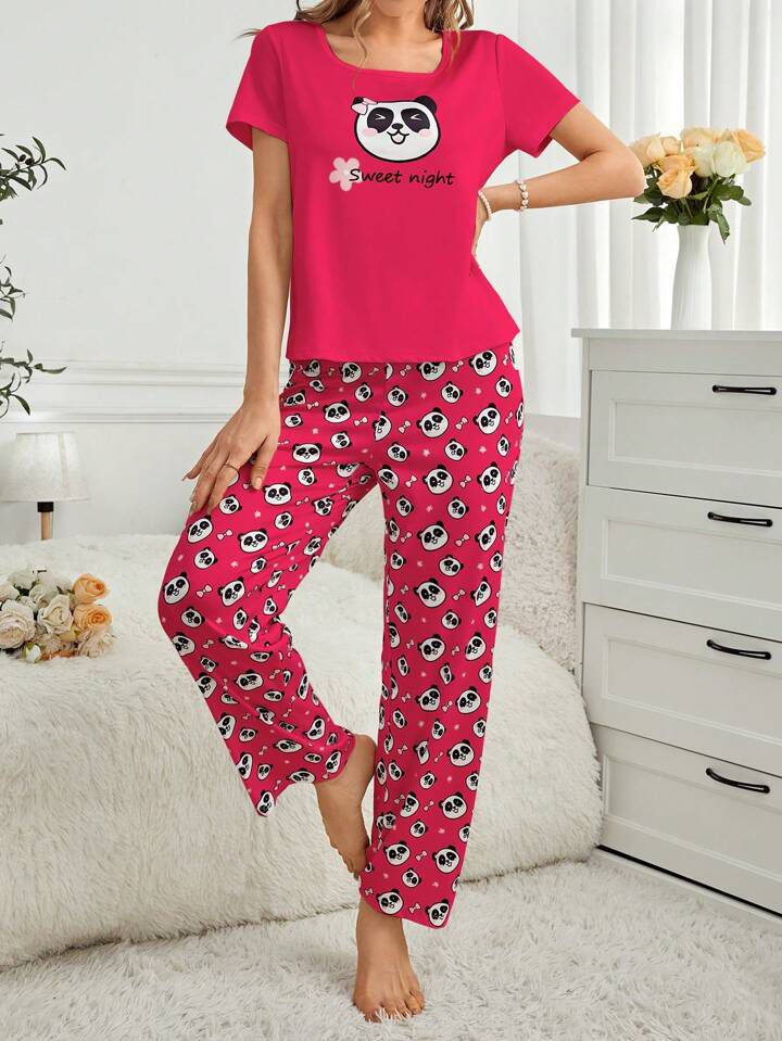 Cute Panda Pattern PJ Set (RED)