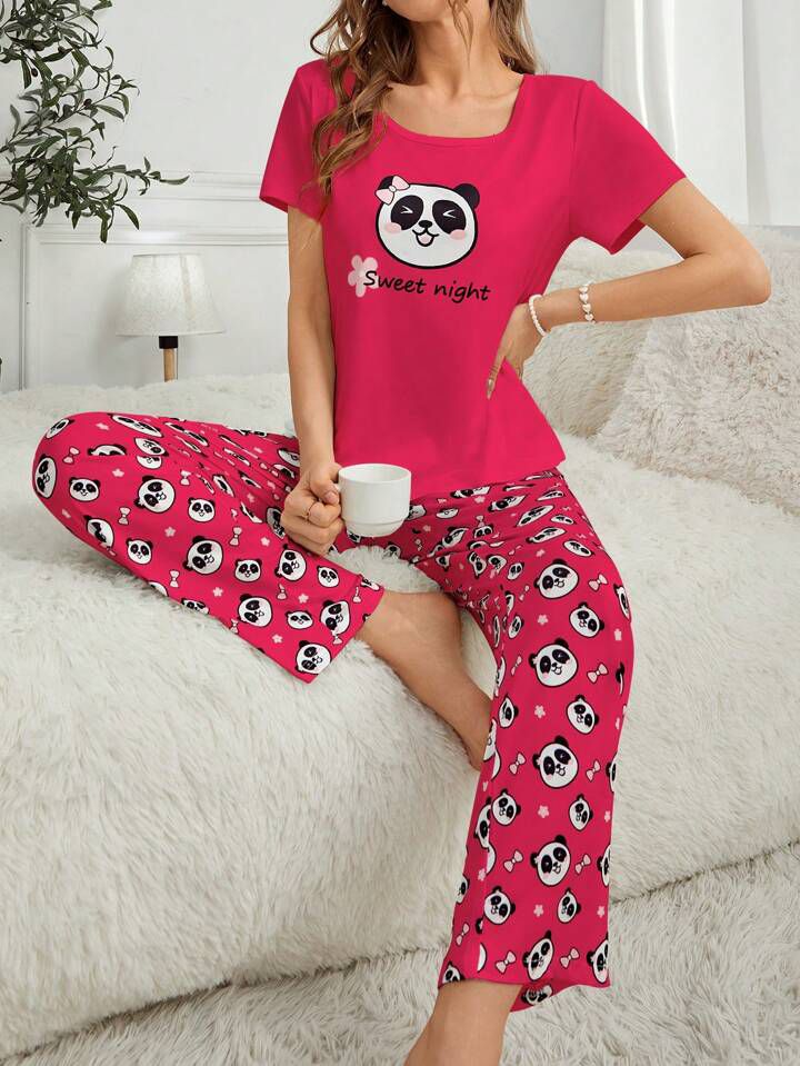 Cute Panda Pattern PJ Set (RED)