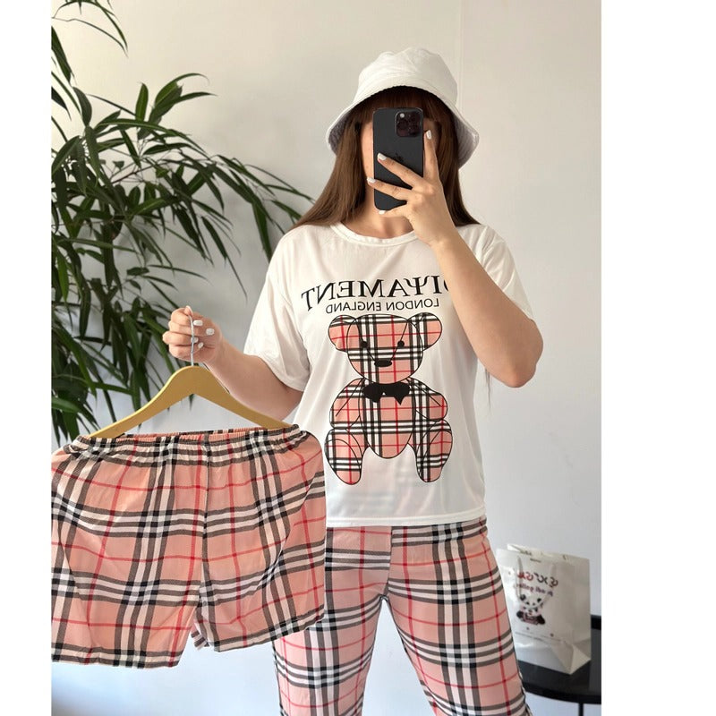 Pink Check Teddy 3 piece nightwear