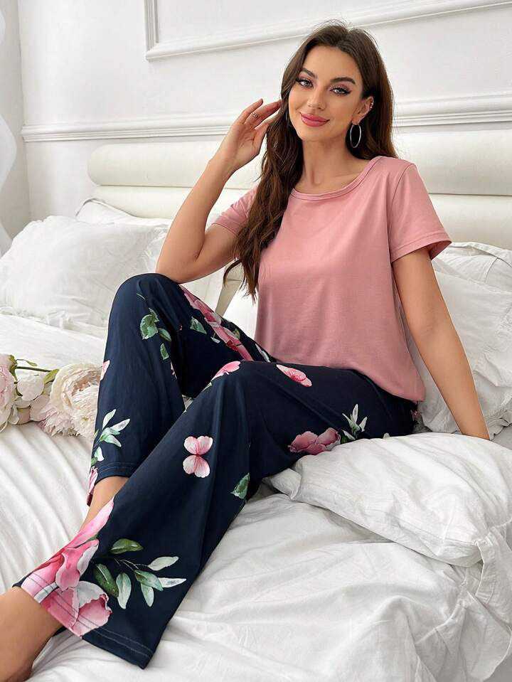 Pink Floral Printed PJ Set