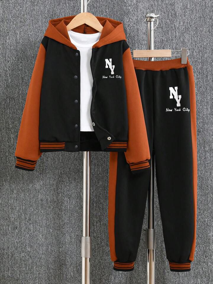 Tween Girl Letter Graphic Hooded Jacket & Trousers