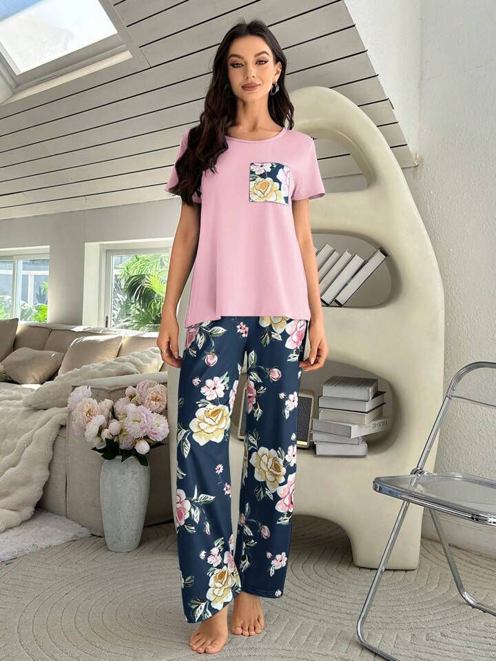 Color Block Floral Print Printed PJ Set