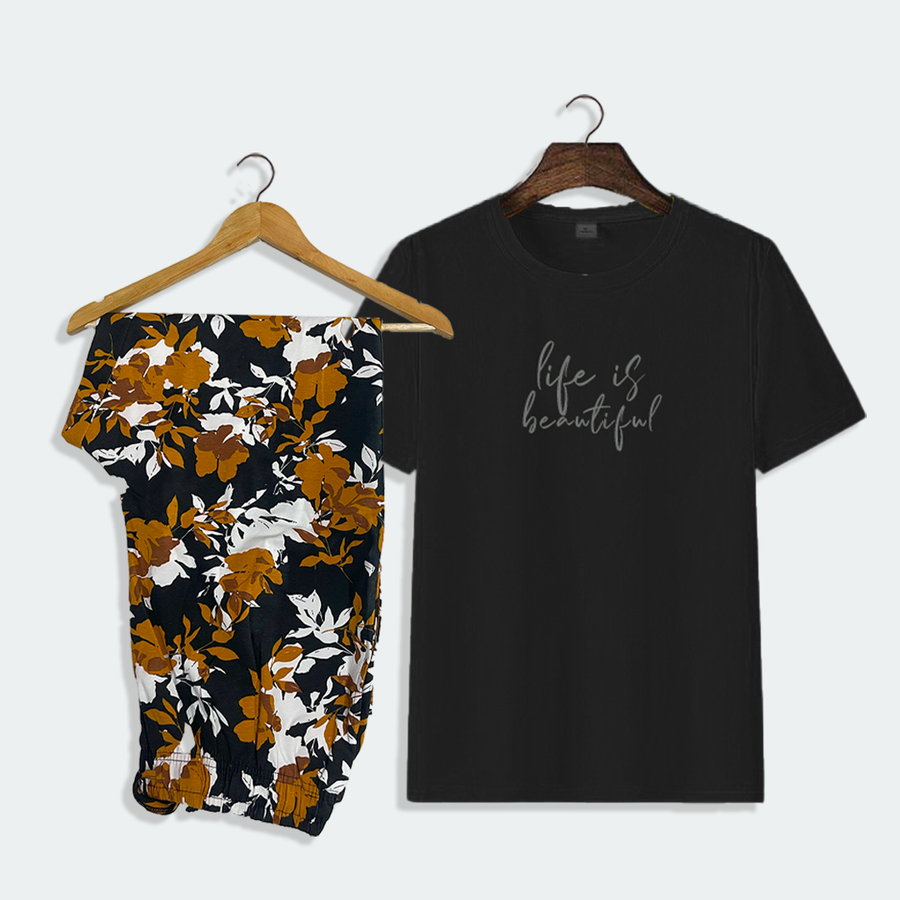 Life is beautiful Black Floral Nightwear